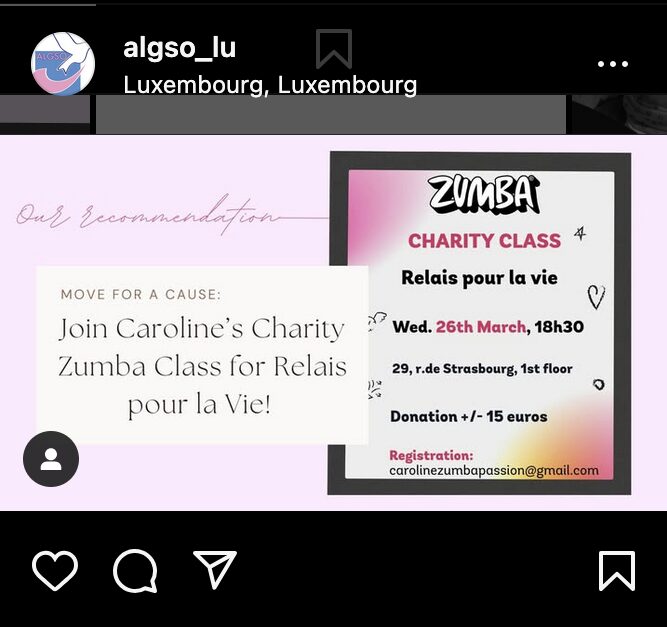Caroline's Charity Zumba for Relais pour la Vie 2025 Instagram post